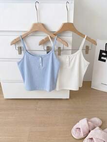 SweetSlumber Women's Casual INS Comfortable Button Knit Ribbed Camisole Cropped Top 2 Pieces Pajama Set Loungewear Baby Blue White Summer - Multicolor - View 6