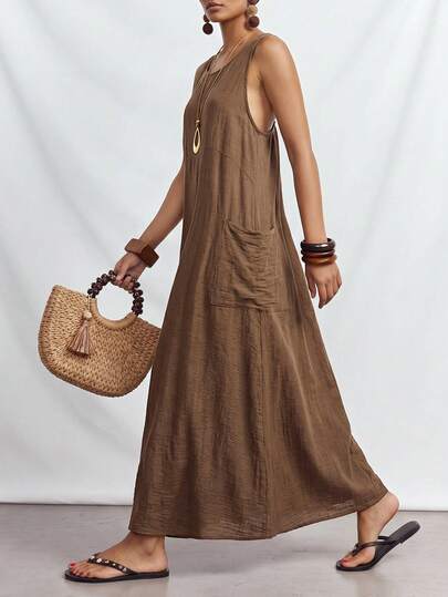 Zivah New Summer Casual Vacation Features A Relaxed Fit In Coffee Brown Linen Racerback Straps Side Pockets Comfortable Laid-Back Look Women Long Dress . Suitable For Everyday Wear, Vacations, Music Festivals, Travel, Boho, Shopping, Party, Western ,Nomadic Style, Airport Outfits, Brunch Outfits, Dates,Dates, Lounging At Home, Beach-A