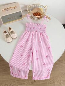 SHEIN Genkimix Kids 女童复古波西米亚风吊带连体裤，舒适面料，宽松阔腿设计，黑白图腾印花，简约优雅，适合春季、夏季、派对、外出、度假等场合。 - 粉色 - 查看 2