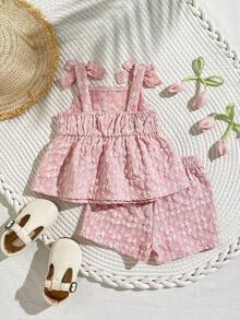 SHEIN Playful Pals 2件套女婴幼儿/新生儿0-3岁休闲日常可爱度假条纹蝴蝶结装饰吊带背心+短裤套装，春夏款 - 粉色 - 查看 2