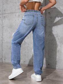 SHEIN ICON Plus Size Women's Summer Cow Girl Distressed Denim Jeans - Blue - View 2
