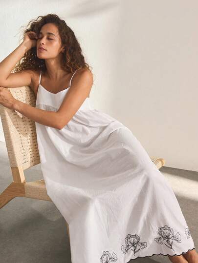 Ocili Áo ngủ hai dây thêu hoa, chất liệu 100% cotton, thoải mái, dành cho nữ.