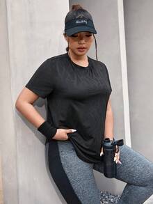 SHEIN Sports 加大码几何印花弧形下摆运动T恤女式健身衬衫 - 黑色 - 查看 6