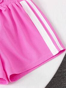 Kids/Young Girl Knitted Solid Color Round Neck Loose Fit Side Contrast Stripe T-Shirt And Shorts Set, Light Pink - Pink - View 5