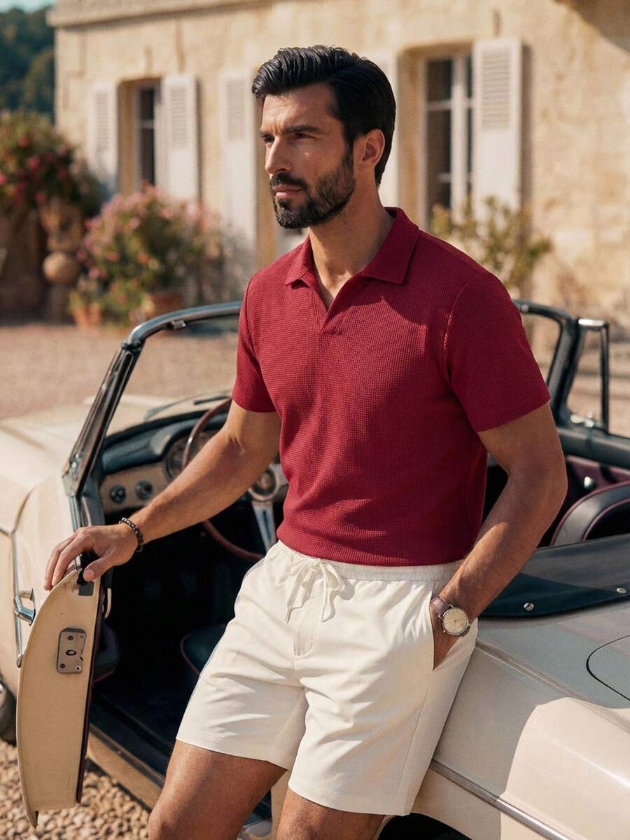 HIMLAND Men's Striped Short Sleeve Top And Solid Color Shorts Set  2 Pieces Set Men Casual Striped Short Sleeve Polo Shirt And Solid Color Shorts Polo Suit, Cozy Outfits Out Pattern, For Vacation, Beach For Husband Boyfriend Gift Simple Fashion Commuting Men Summer Outfits Set Short Sets For Men Polo Shirt For Men Polo For Men Formal Outfit Polo Blouse For Men - Multicolor - View 1