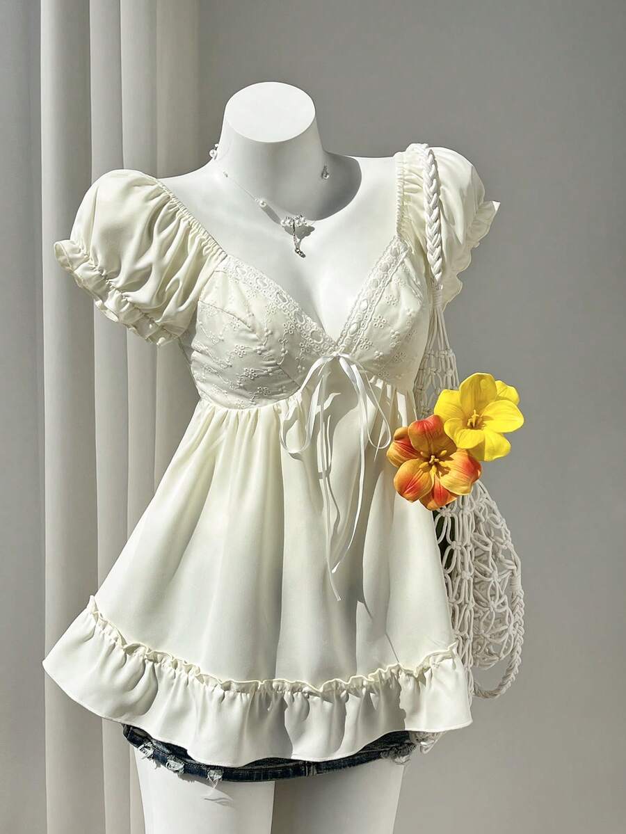 Elamini 女士黑色泡泡袖V领荷叶边下摆衬衫，适合野餐、约会、海滩度假等各种场合 - 黃色 - 查看 1