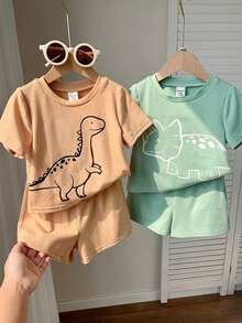 Ensemble 4 pièces bébé garçon d'été décontracté : T-shirt à manches courtes et short en tricot de couleur unie avec motifs en relief d'ours et de dinosaures - Multicolore - Voir 3