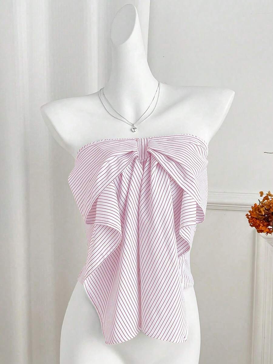 Sweetra Blusa ajustada sin mangas con hombros descubiertos y corbata de moño a rayas, versátil para primavera/verano - Rosa Roja - Ver 1
