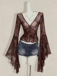 SHEIN ICON Vintage Print Sheer V-Neck Flare Sleeve Top For Women - Brown - View 8