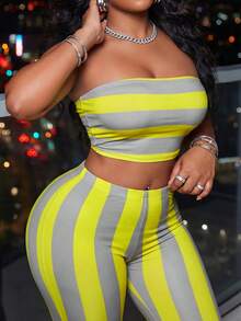 Slaydiva Bộ đồ nữ 2 mảnh gồm áo croptop ống màu vàng xám kẻ sọc và quần dài ống loe cạp cao, thích hợp mặc đi chơi. - màu xanh lá - Xem 9