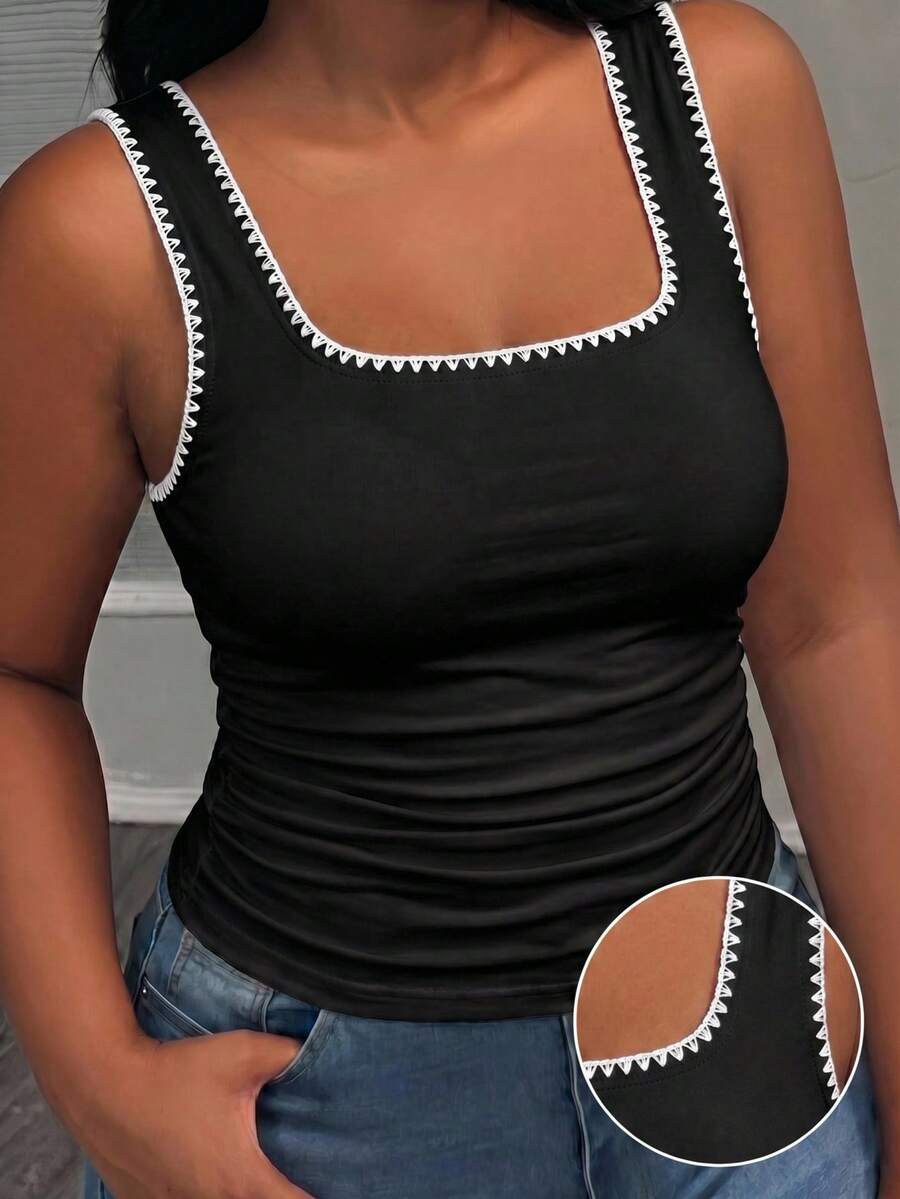 Slaydiva Áo tank top và áo camisole nữ cỡ lớn, phong cách tối giản, thủ công, trang trí hoa vỏ sò, thích hợp cho mùa hè, lễ hội âm nhạc, phong cách Y2K. - màu đen - Xem 1