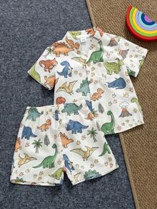 SHEIN Playful Pals 2件組 幼兒嬰兒恐龍印花短袖上衣與彈性腰圍短褲套裝 兒童服裝 6個月-3歲 - 米色 - 查看 8
