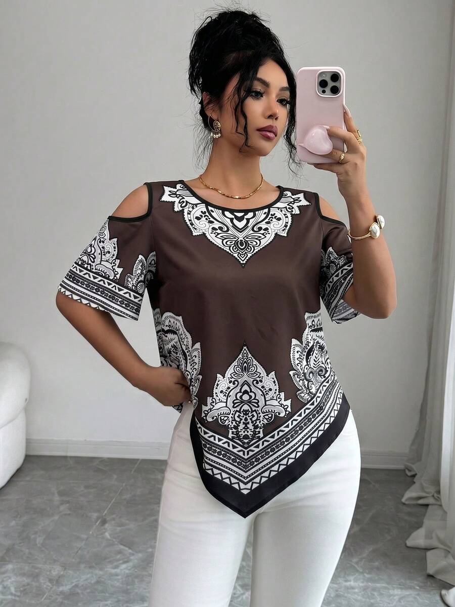 SHEIN Elenzya 优雅度假通勤黑白不对称下摆女士短袖衬衫 - 棕色 - 查看 1