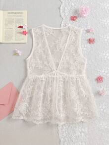 Dazy Kids Áo kiểu ren phối nhiều mảnh buộc dây dành cho bé gái tuổi teen, kiểu dáng thường ngày đa năng, thích hợp mặc hàng ngày. - Màu be - Xem 8