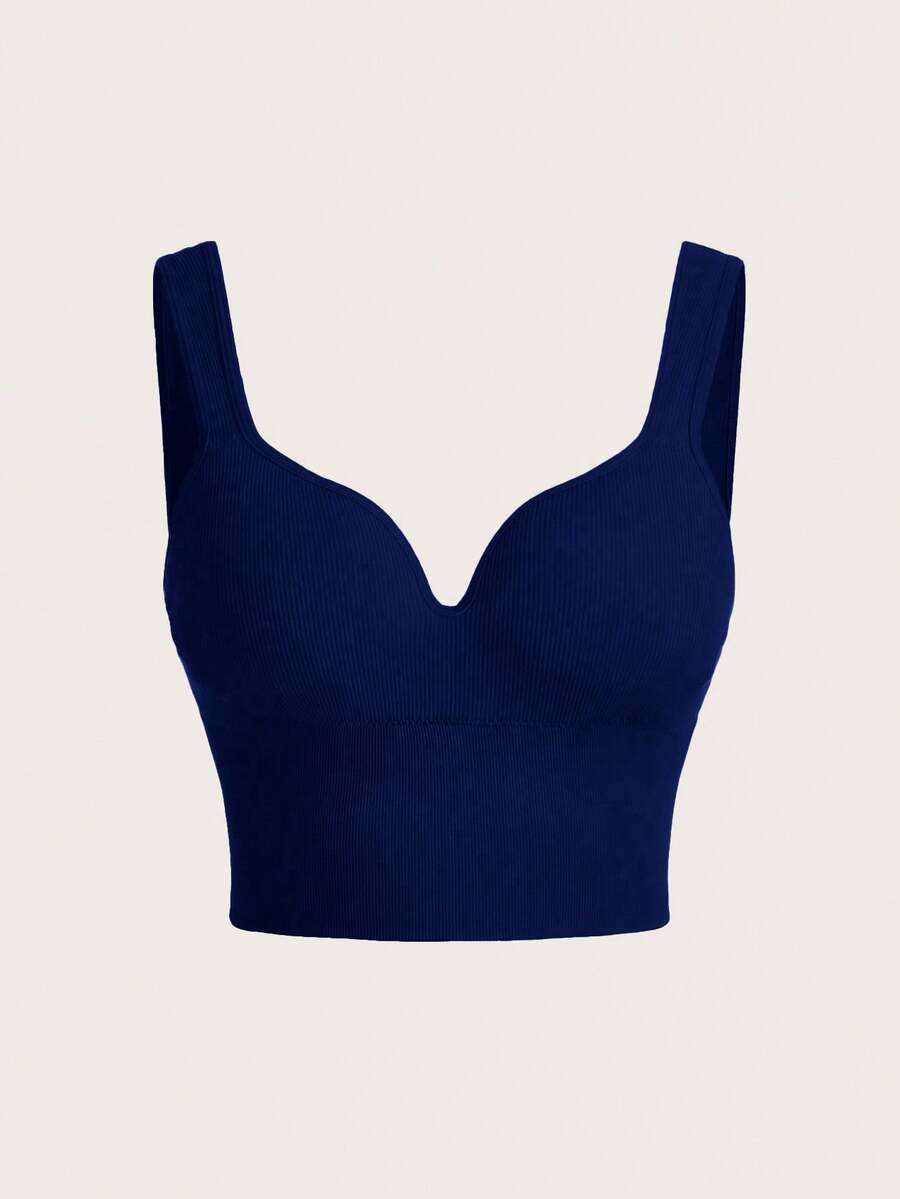 SHEIN Sports Plus Size Women's Navy Blue Sports Bra,Athletic Summer Pilates Curvy Gym Top,Curve Ribbed Tank Top,Built In Bra Fitted Crop Top,Solid Color Gym Tops - Navy Blue - View 1