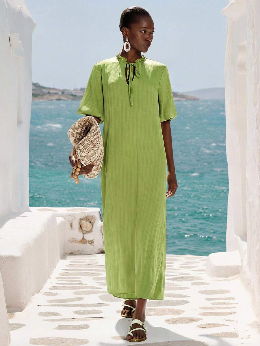 Aveloria Modichic New Stylish Design Casual Round Neck Intellectual Gentle Straight Dress, Slimming Long Dress - Green - View 1
