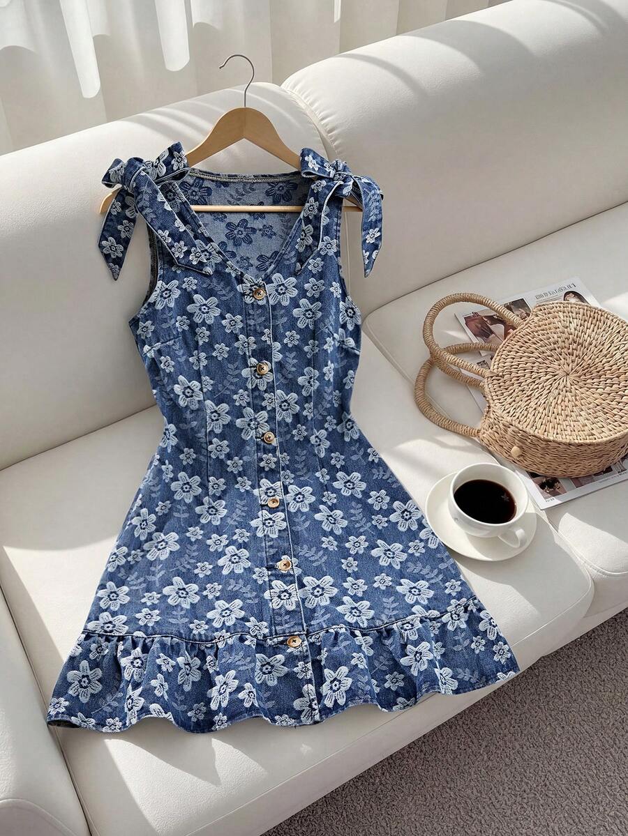 GlowEve Đầm denim nữ kiểu dáng thường ngày in hoa, xếp ly, buộc dây vai, thích hợp cho mùa hè. - Màu xanh lam - Xem 1