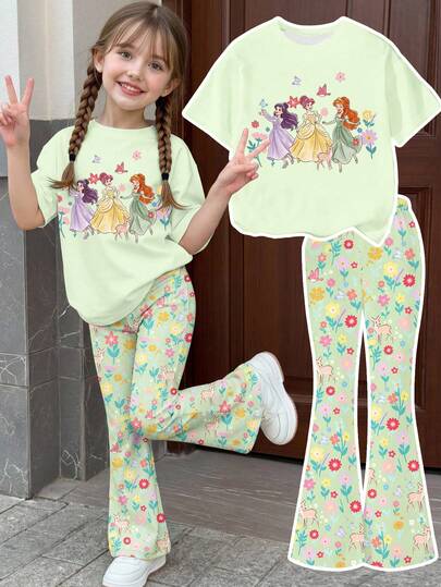 1 Set Young Girls' Casual Sweet Cute Dreamy Princess Print Short Sleeve T-Shirt And Adorable Butterfly, Deer, Flower Pattern Flare Pants Outfit, Mint Green Fresh Summer Suit For Outdoor Wear