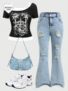 SHEIN 少女牛仔裤，Y2K风格，浅蓝色牛仔布，做旧破洞设计，弹力舒适的棉质牛仔面料，喇叭裤腿，适合日常、上学、聚会、派对、夏季等各种休闲场合穿着。 - 淺色水洗藍 - 查看 4