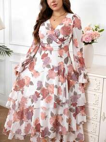Reflora Nuevo vestido largo de mujer de talla grande con estampado floral, volantes en el bajo, cintura ceñida y alta elasticidad, vestido de otoño, vestido con volantes, vestido floral - Albaricoque - Ver 5