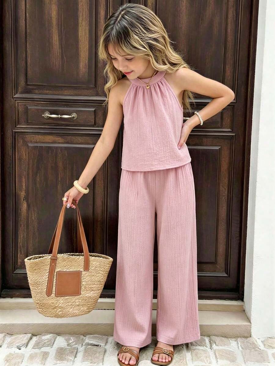 Sparklyn Bộ đồ đi biển cơ bản cho bé gái: Áo yếm và quần lửng ống rộng họa tiết hoa, 2 món. - Hồng - Xem 1