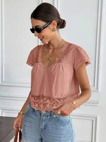 Serisse Women's Solid Color Contrast Lace Tie Back Loose Blouse,Summer Top - Pink - View 4