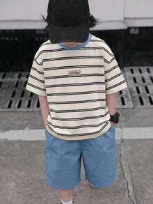 2pcs/Set Tween Boys Casual Comfortable Versatile Striped Print T-Shirt And Solid Color Shorts Set - Blue - View 4