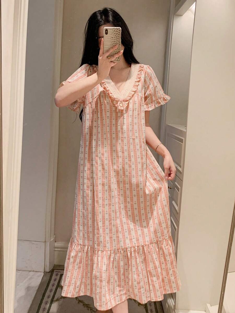 DAZY 女士甜美花卉条纹印花蕾丝边宽松睡裙，夏季 - 杏色 - 查看 1