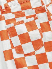ROMWE MEN Pantalones cortos de mezclilla holgados con diamantes brillantes a cuadros para hombres - Naranja - Ver 5
