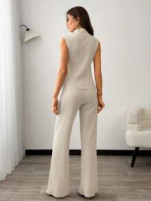 EURMUSE White Ribbed Knit Sleeveless Top & Wide Leg Pants Two Pieces Set - White - View 8