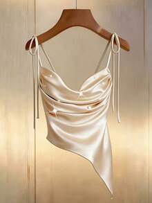 GlowEve CURVE Camiseta de tirantes de mujer talla grande de color champán sólido con perlas, bajo irregular con lazo en el hombro, versátil para ir al trabajo, casual, citas, vacaciones, estilo francés elegante, nueva llegada de verano - Champán - Ver 3