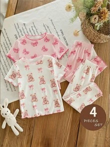 4 Stücke/Set Kleine Mädchen Süßer Bär & Schleife Muster Kurzarm Top und Hose Pyjama Set - Verschiedenfarbig - Übersicht 6