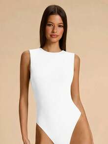 Mono de mujer de unicolor casual con espalda descubierta, decoración de cadena metálica en el cuello, adecuado para playa, vacaciones, resort, trabajo casual, viajes, salidas de ocio, mono marrón, mono elegante y sexy con espalda descubierta - Blanco - Ver 4