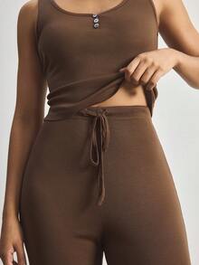 Ocili Comfortable Minimalist Sleeveless Pants Shell Button Pajama Set, Baby Pink Women Loungewear - Brown - View 6