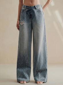 Anewsta Women's Fashion Rhinestone Embellished Straight Leg Pants - Blue - View 6