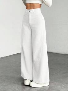 SHEIN Tween Girl/Tween Girls' Solid Color Retro Minimalist Corduroy Ribbed Pants, White Wide Leg Trousers, Autumn/Winter - White - View 6