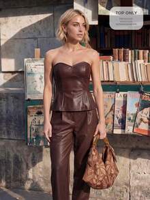 CAJUNI Chic Vacation PU Leather Brown Strapless Peplum Top - Brown - View 3