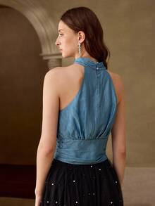 MOTF PREMIUM TOP SIN MANGAS CON CUELLO DE HALTER PLISADO PARA MUJER - Azul Marino - Ver 3