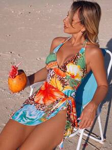 Swim Lushoire Urlaubsessentiell Tropisches Muster Neckholder Badeanzug-Kleid, asymmetrischer Rock mit Wickeltaille Ein-Teiler Badeanzug, bescheidene Strandbekleidung - Verschiedenfarbig - Übersicht 3