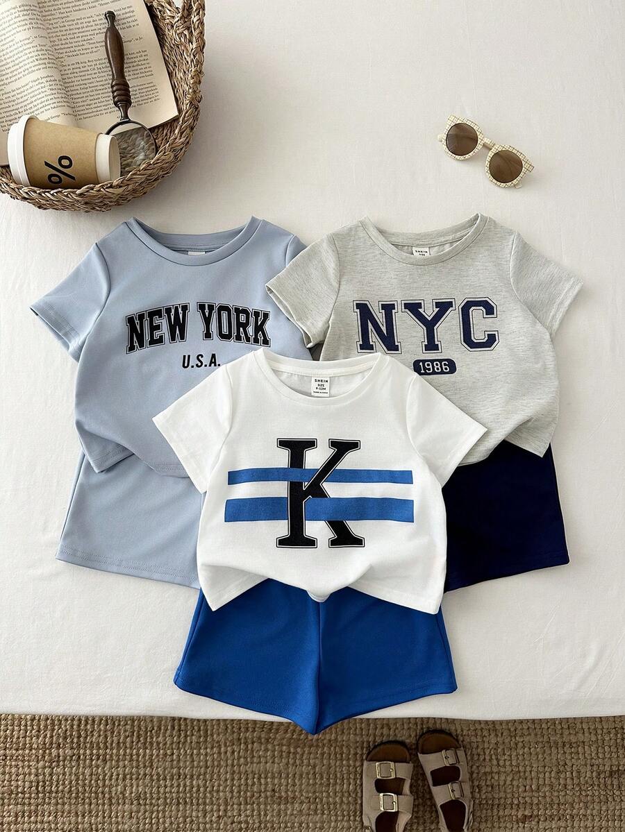 6pcs/Set Baby Boys Casual Loose Letter Print Round Neck T-Shirt And Shorts Set,Suitable For Commuting,School,Daily Sports,Spring/Summer,Vacation - Multicolor - View 1