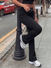 SHEIN Unity Women's Casual Girlisim Versatile Solid Color Waist Curtain Slim Fit Pants Golf Pastal Autumn - Black - View 5