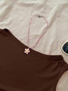 Atasan Crop Top Rajut Putih Minimalis Motif Polkadot Asimetris dengan Detail Kerut untuk Remaja Perempuan, Cocok untuk Musim Semi/Panas, Gaya yang Dipersonalisasi, Pakaian Sehari-hari - Coklat - View 6