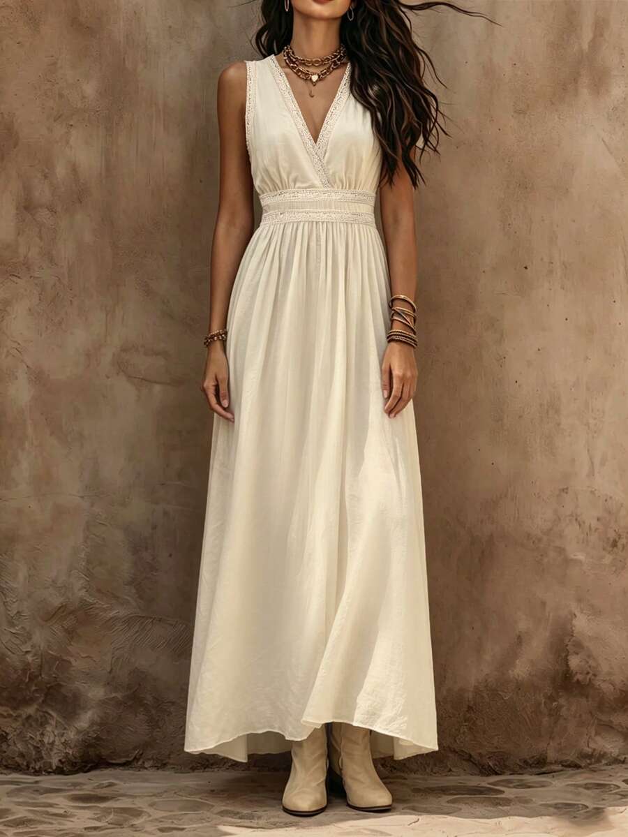 Balvessa Vestido de encaje con parches de color albaricoque para mujer, vacaciones - Albaricoque - Ver 1