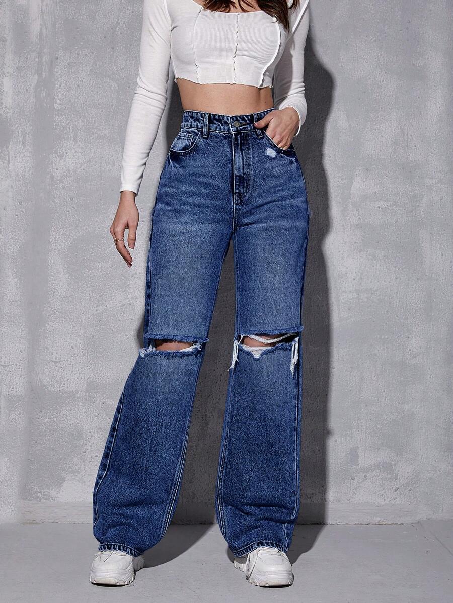 SHEIN Tall Quần jeans nữ dáng suông, phong cách thường ngày, bạc màu và rách. - Màu xanh lam - Xem 1