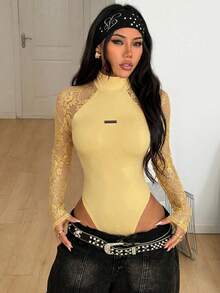 Coolane 女士春夏音乐节派对透气网纱弹力连体衣，情人节 - 淡黃色 - 查看 3