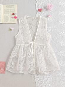 Dazy Kids Áo kiểu ren phối nhiều mảnh buộc dây dành cho bé gái tuổi teen, kiểu dáng thường ngày đa năng, thích hợp mặc hàng ngày. - Màu be - Xem 5