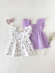SHEIN 2pcs Newborn Casual Daily Wear Rose Red Solid Color & Floral Print Sleeveless Back Open Romper Dress, Suitable For Outings Or Comfortable Versatile - Mauve Purple - View 2