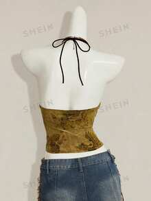 SHEIN ICON 女士复古绿色植绒提花露背交叉绑带性感吊带衫 - 黃色 - 查看 2