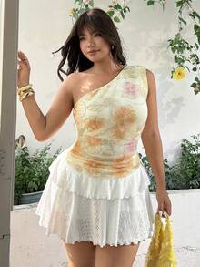 GalTyme 情人节特惠，女士加大码单肩褶皱纯色上衣 - 杏色 - 查看 4