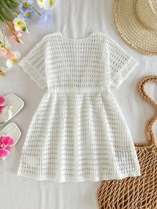 SHEIN Baju Penutup Rajut Polos Berlubang untuk Anak Perempuan, Kasual untuk Liburan - Putih - View 2